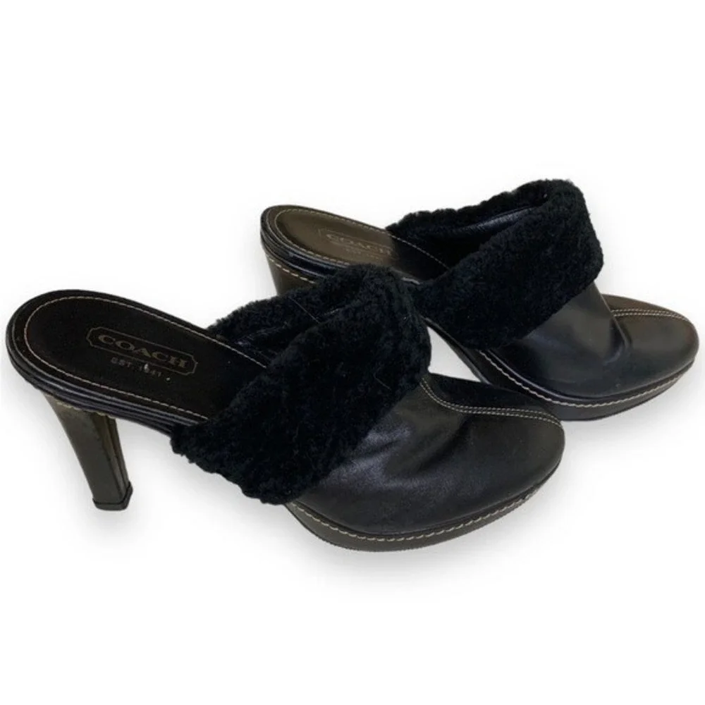 COACH - High Heel Mule Slip On Clog Faux Fur -4" heel - Black- Sz 9 - Picture 2 of 9